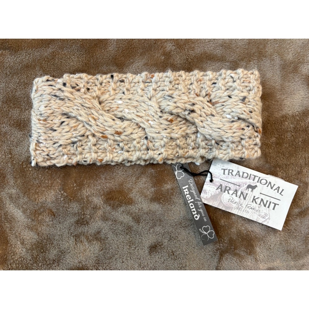 Patrick Francis Ireland Oatmeal Speck Wool Aran Cable Knit Fleece Headband NEW